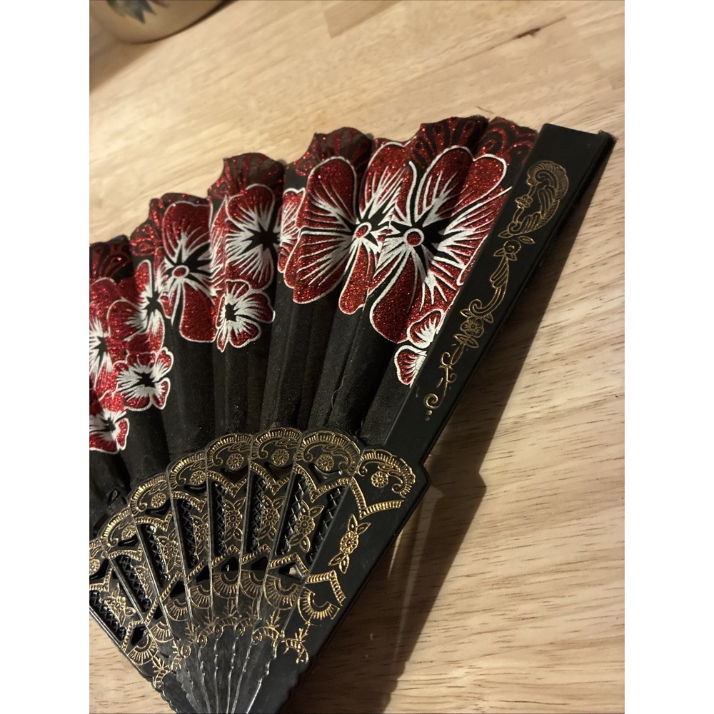 Vintage Fan Black With Floral And Gold Accent (3) - Picture 5 of 11